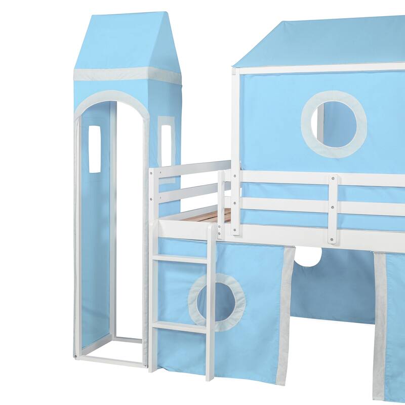 Twin/Full Size Wooden Playhouse Loft Bed with Tent and Tower, Solid Pinewood Low Loftbed Frame with Slide and Ladder