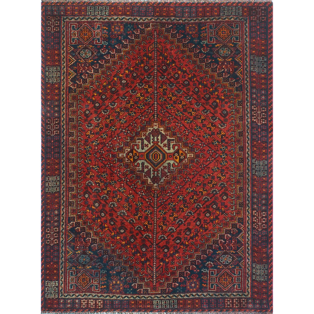 Fine Vintage Distressed Kadriye Red/Navy Rug - 5'8" x 8'0"
