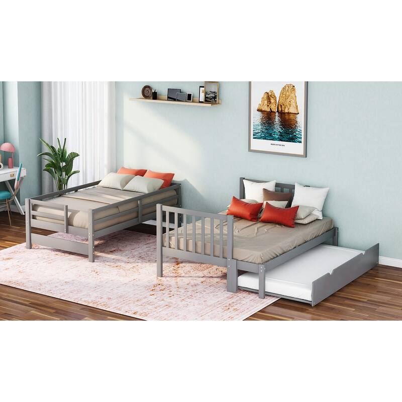 Convertible Twin Over Full Bunk Bed with Trundle and Stair Storage, Durable Wood Frame