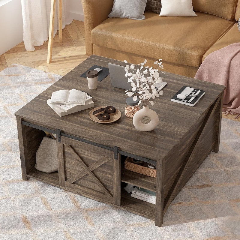 BOSSIN 31.5" Square Farmhouse Lift-Top Coffee Table - Wooden Living Room Center Table with Hidden Storage