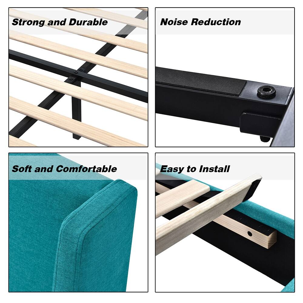 King Size Modern Platform Bed Frame W/ Deluxe Wingback, Peacock Green