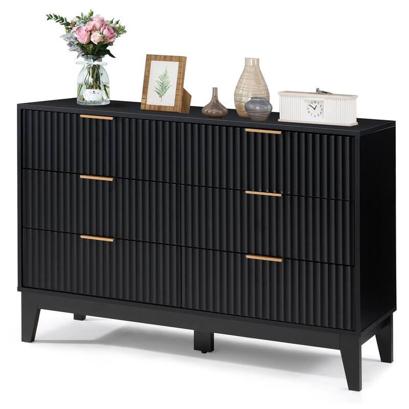 EROMMY Fluted 6-Drawer Dresser – Mid Century Modern Wide Chest with Metal Handles for Bedroom & Living Room