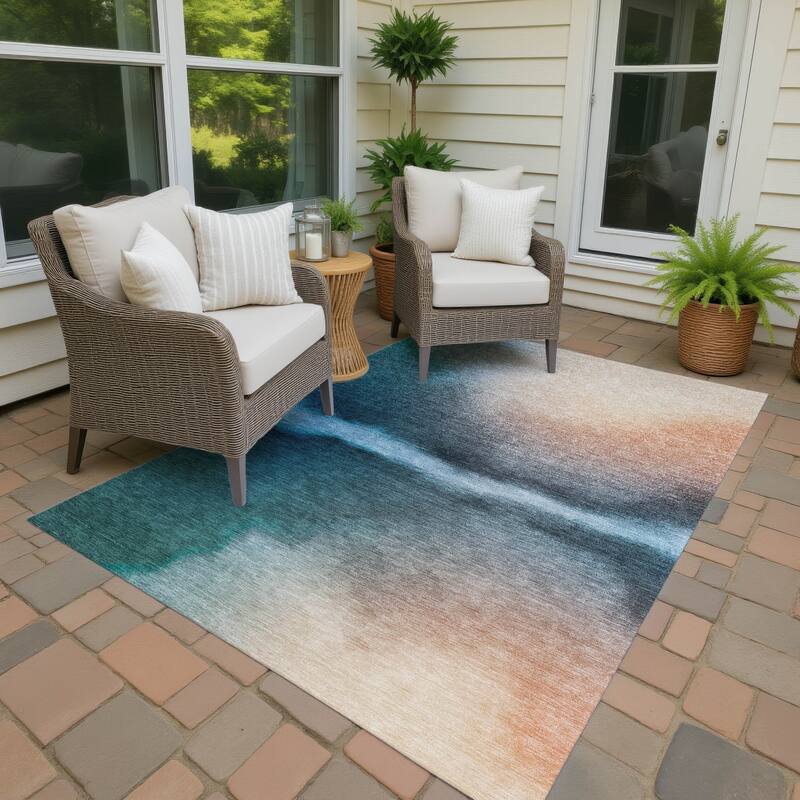 Machine Washable Indoor/ Outdoor Modern Landscape Chantille Rug - Teal - 9' x 12'