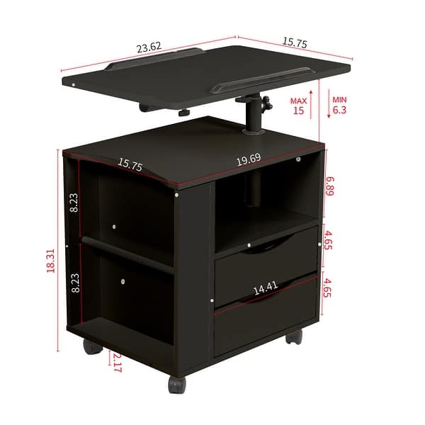 Movable End Table with Height Adjustable Swivel Top, 2 Drawers and Open