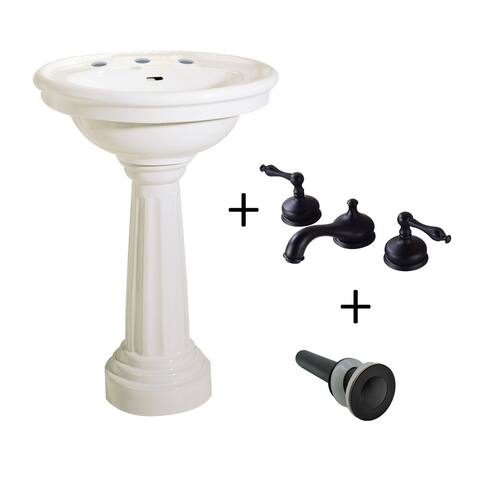 26" W Oval Biscuit Pedestal Bathroom Sink Porcelain Sink Basin, Pedestal Leg, 8" Faucet, Drain, and Overflow Renovators Supply
