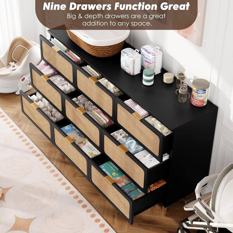 Rattan 9 Drawer Dressers TV Stand for Bedroom Living Room