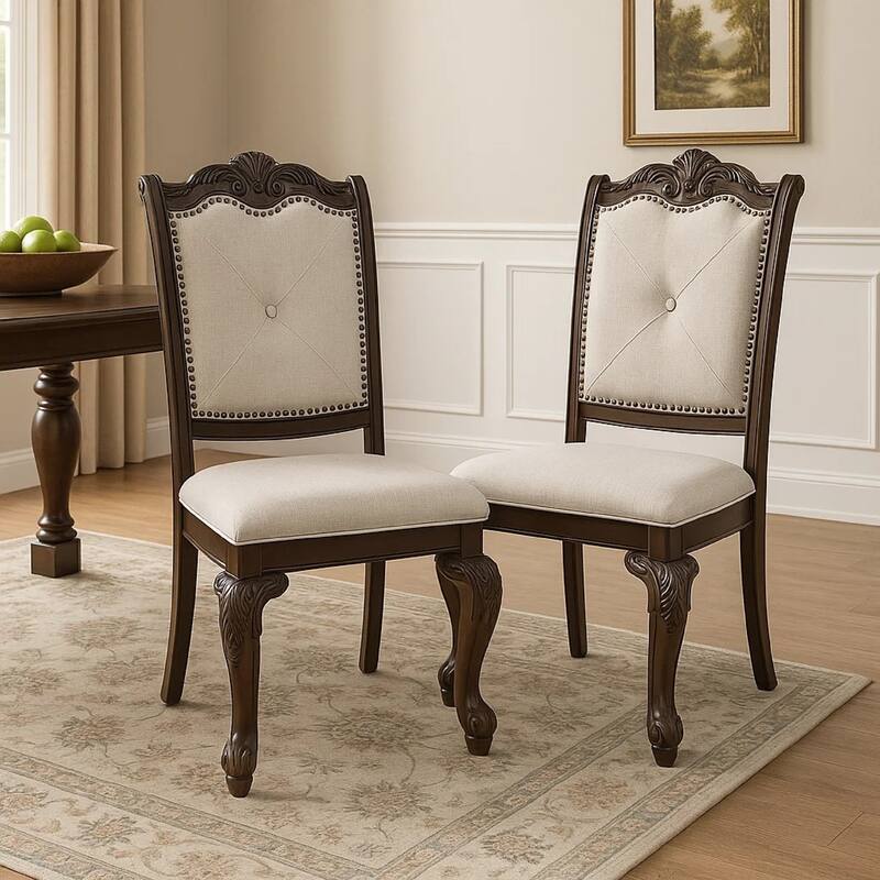 Cary Side Dining Chair Set of 2, Beige Linen, Scrolled Coffee Brown Wood