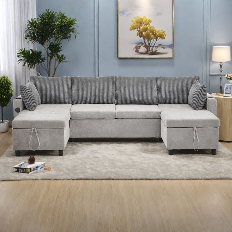 111.8" Chenille Sectional Sleeper Sofa U-Shaped Convertible Sofa Bed with Storage Chaise and USB Ports - Grey