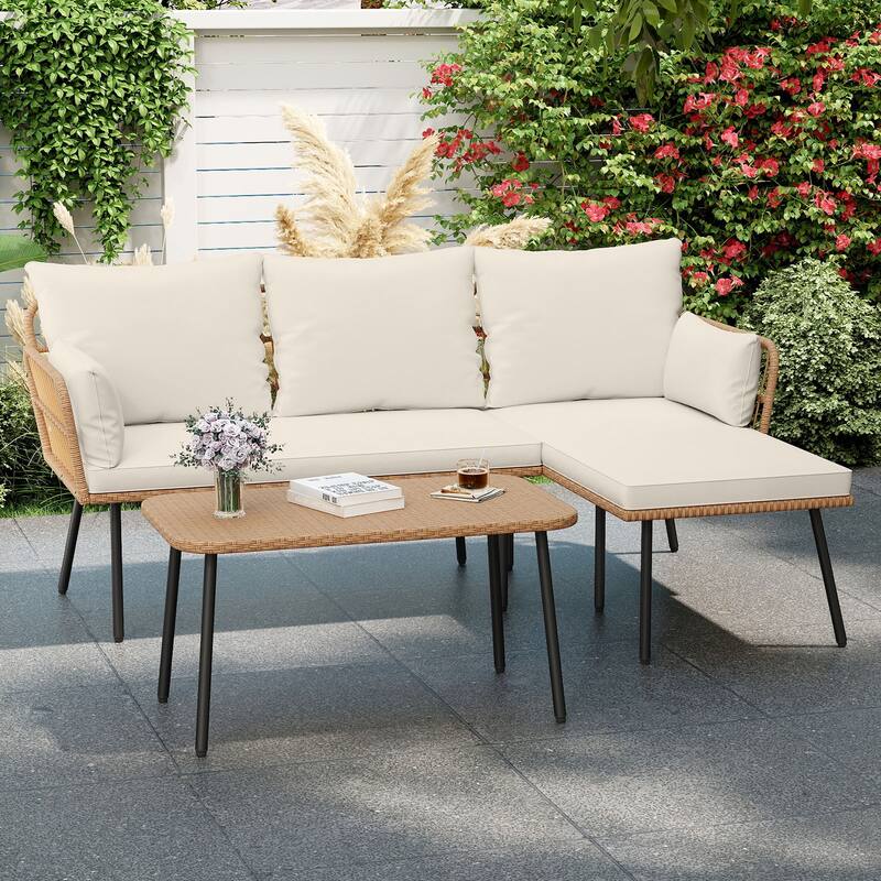 Gymax 3 Pieces L-Shaped Patio Furniture Set w/ Coffee Table Removable