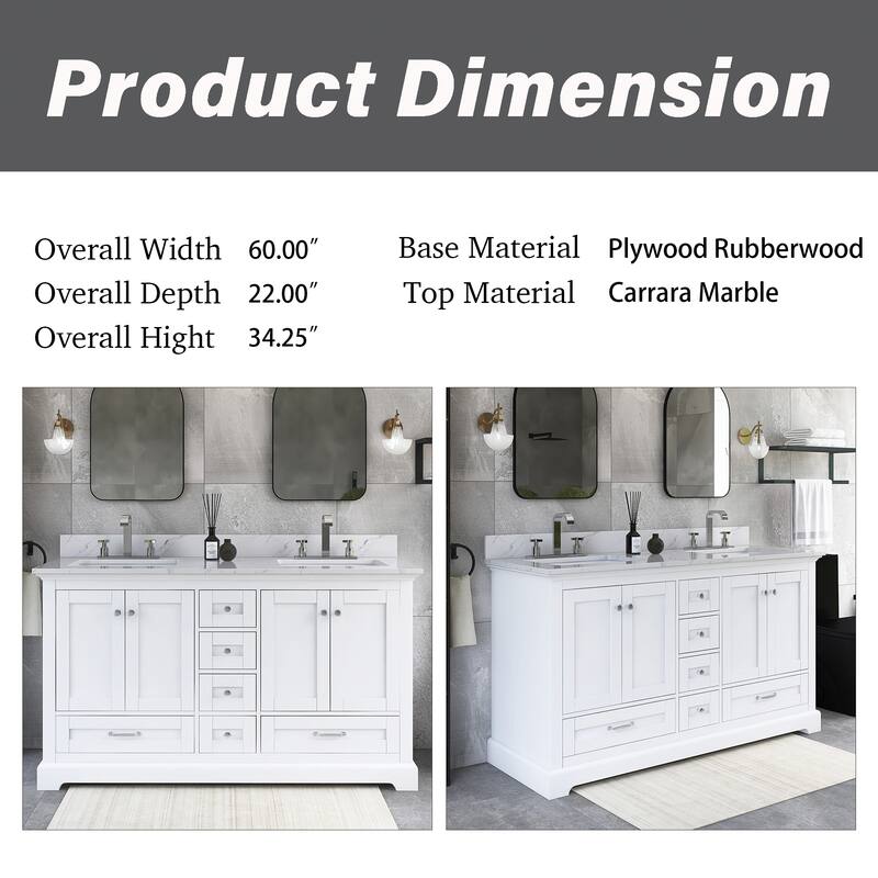 60 inch Plywood Double Sink Freestanding Bath Vanity with White Marble Top - 60" x 22"
