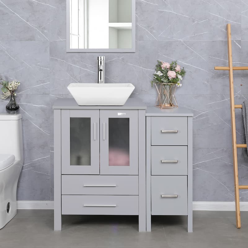36" Bathroom Vanity Sink Gray Set with Side Cabinet Vessel Sink Faucet Combo - white ceramic square sink