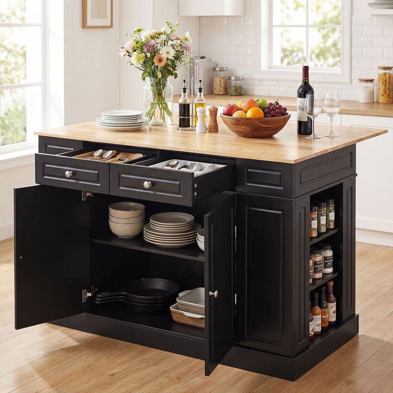 Gymax Large Kitchen Island Drop Leaf Breakfast Bar w/ Wood Top Shelves