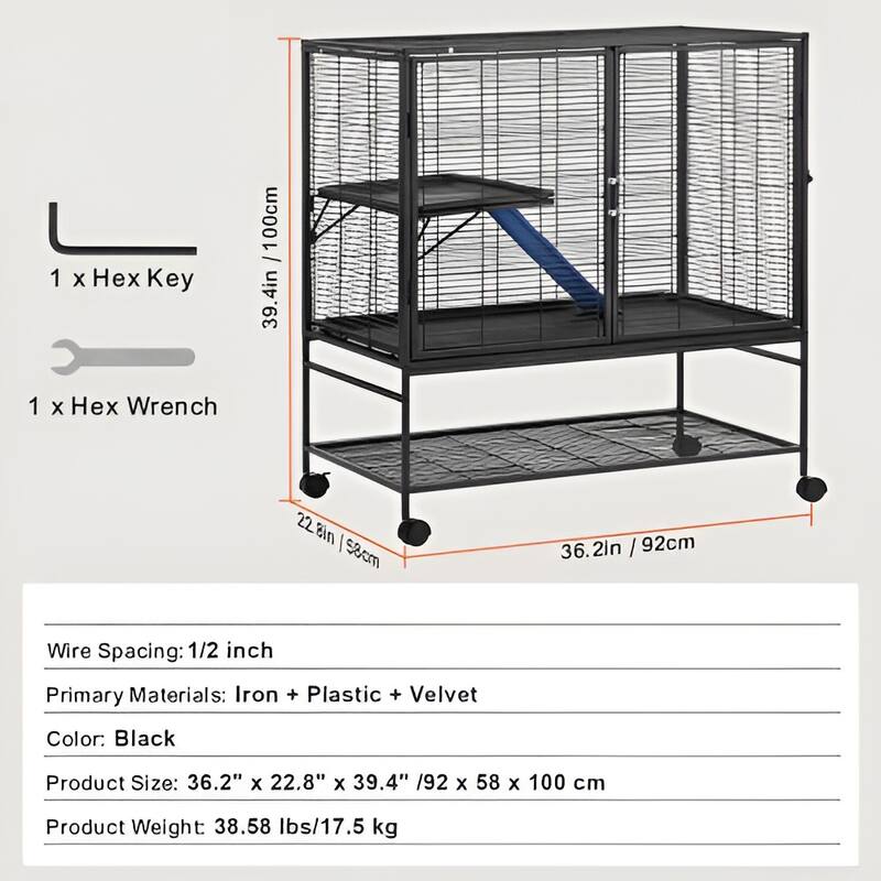 Black Iron & Plastic Pet Cage with Ramp, Wheels & Large Storage Shelf - 36.2"x22.8"x39.4"