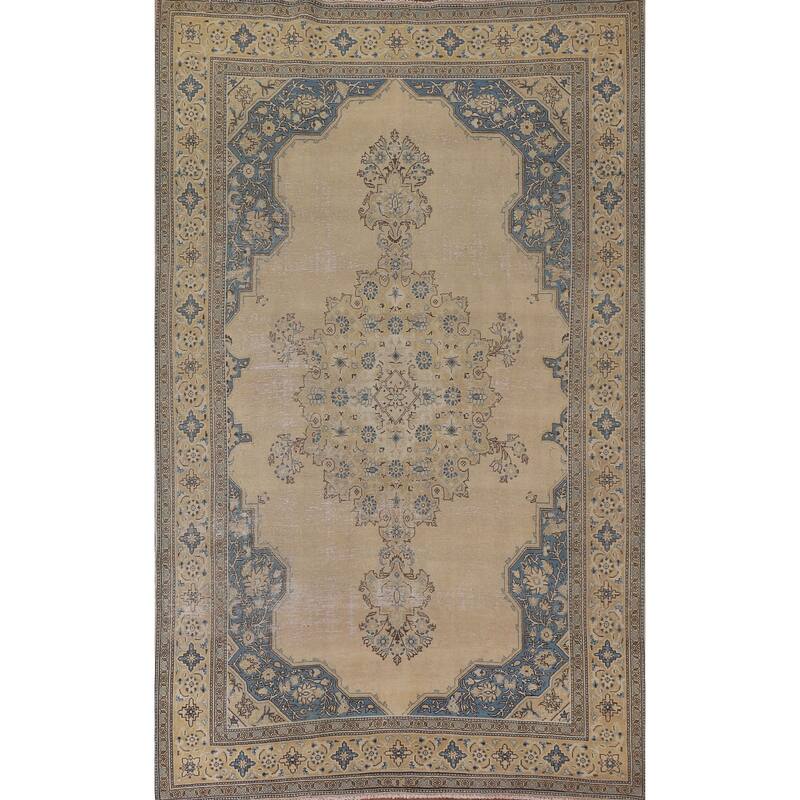 Hand Knotted Oriental 100% Wool Carpet Traditional Medallion Beige & Ivories Tabriz Area Rug - 10' 3'' X 6' 9''