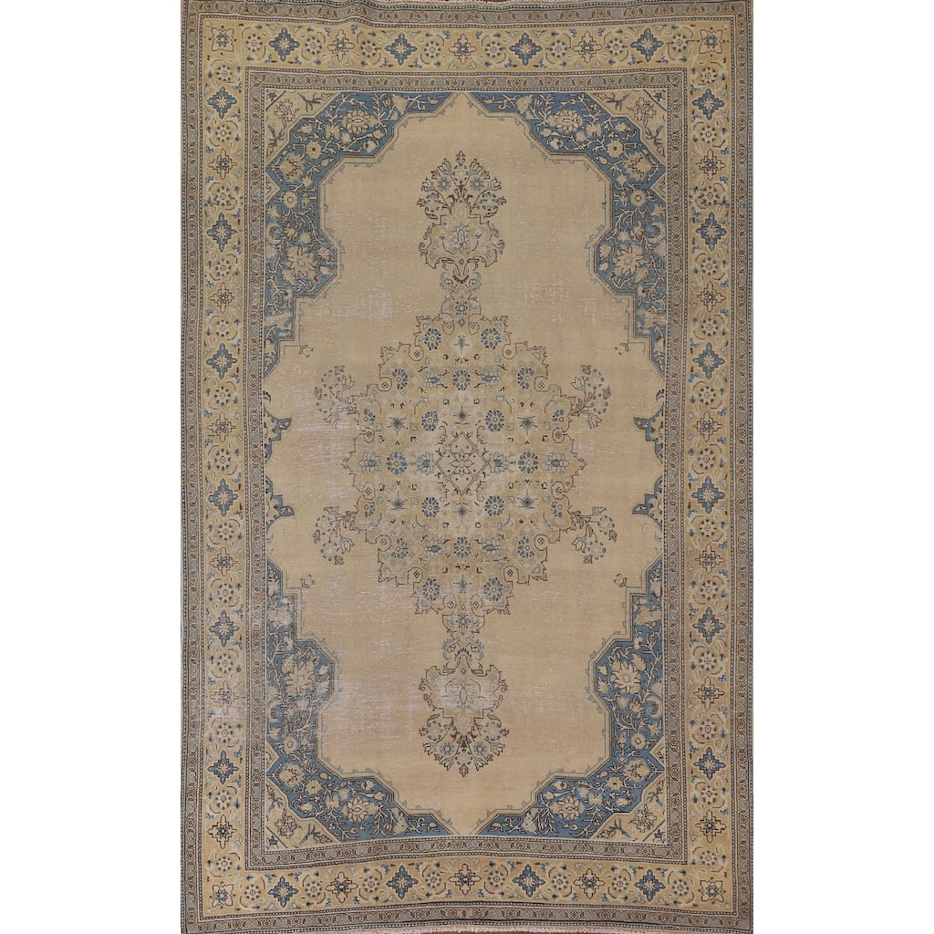 Hand Knotted Oriental 100% Wool Carpet Traditional Medallion Beige & Ivories Tabriz Area Rug - 10' 3'' X 6' 9''