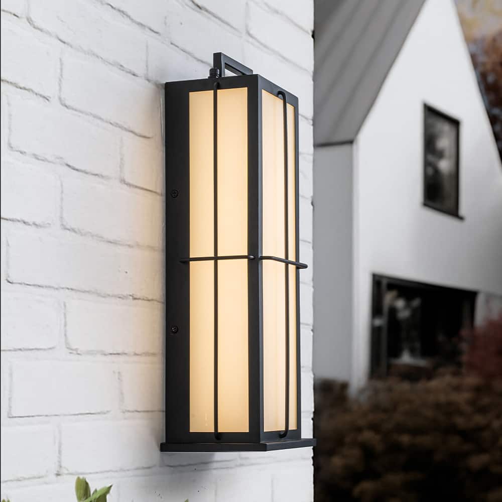 16 in. Black Outdoor Integrated 16W LED Wall Lantern with Frosted Panels and Dusk-to-Dawn Sensor for Porch & Garage - W5''