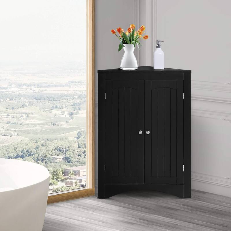 Classic Stylish Wooden Corner Storage Cabinet, For Indoor Use - 24.34''W x 12.17''D x 32.29''H - Black