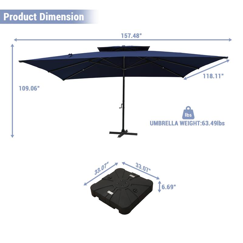10 x 13ft Rectangular Double Top Cantilever Umbrella with Base & LED Lights