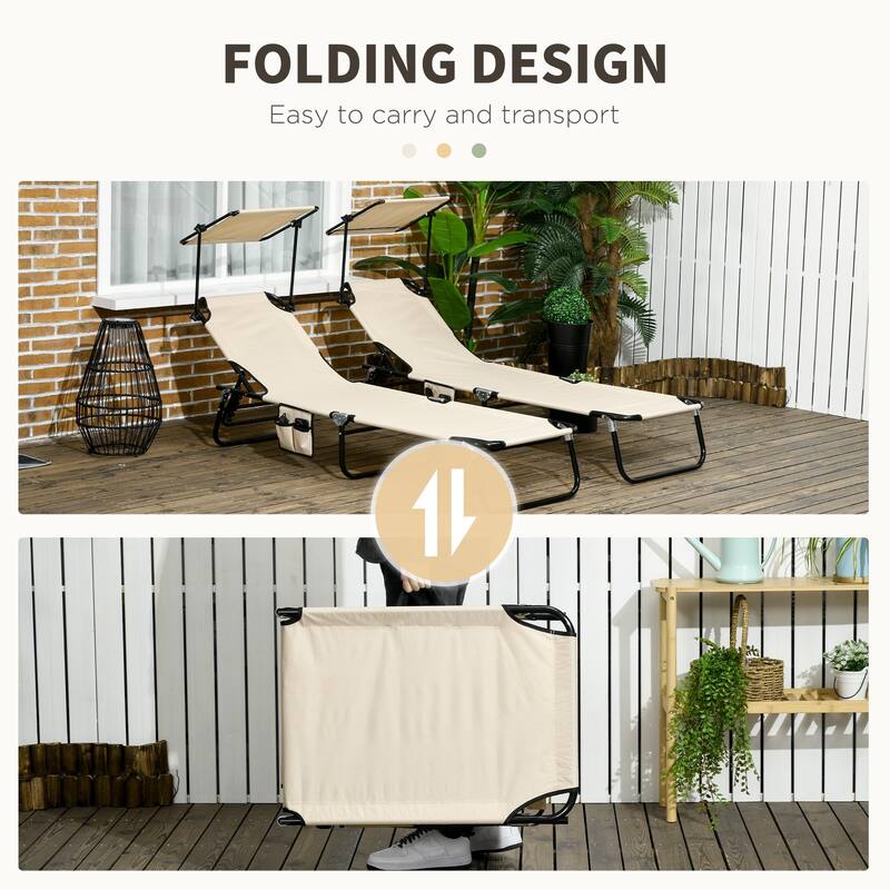 Folding Chaise Lounge Pool Chairs, Outdoor Sun Tanning Chairs with Canopy Shade