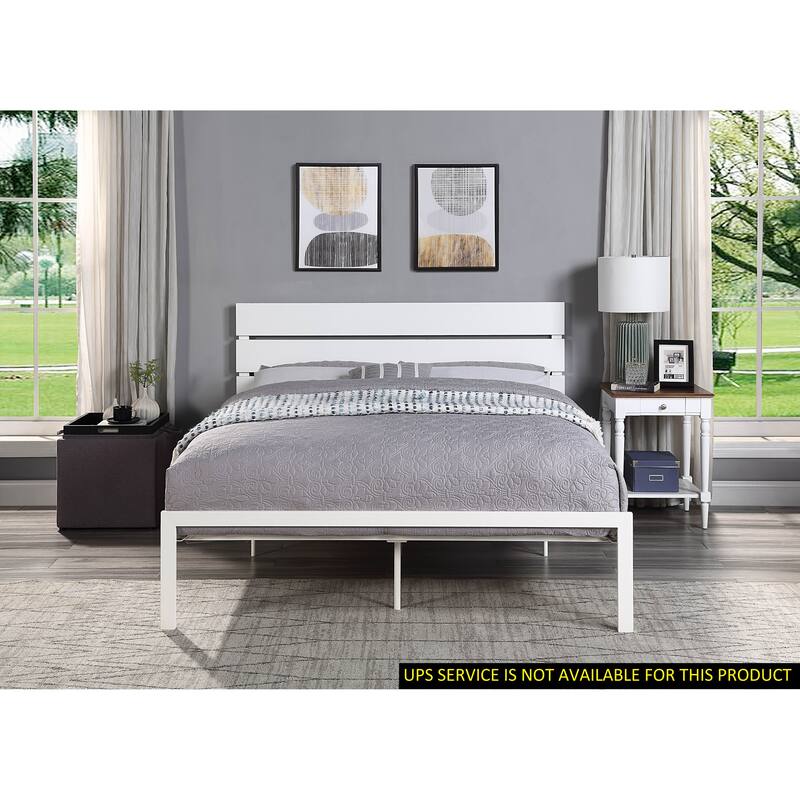 Queen Size White Metal Bed with MDF Headboard - White