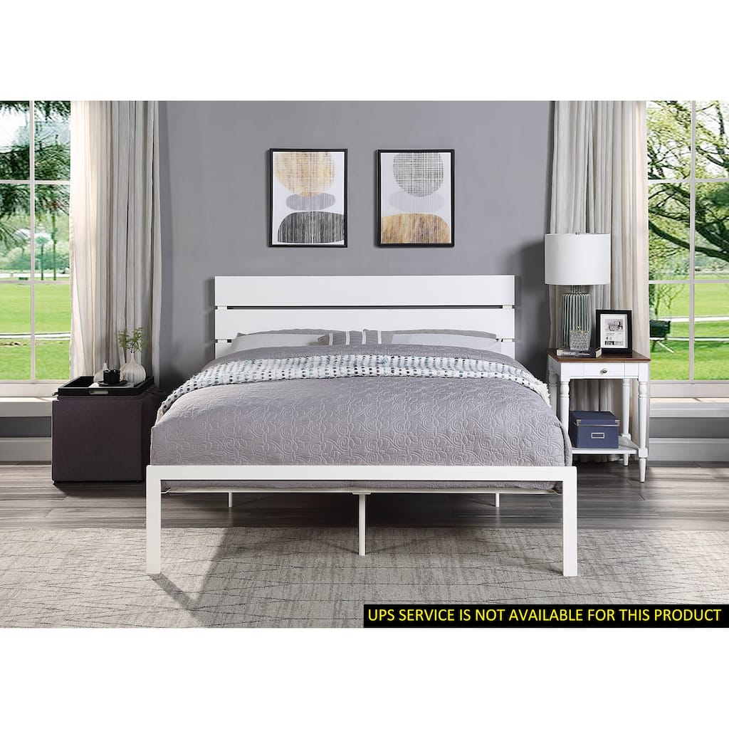 Queen Size White Metal Bed with MDF Headboard
