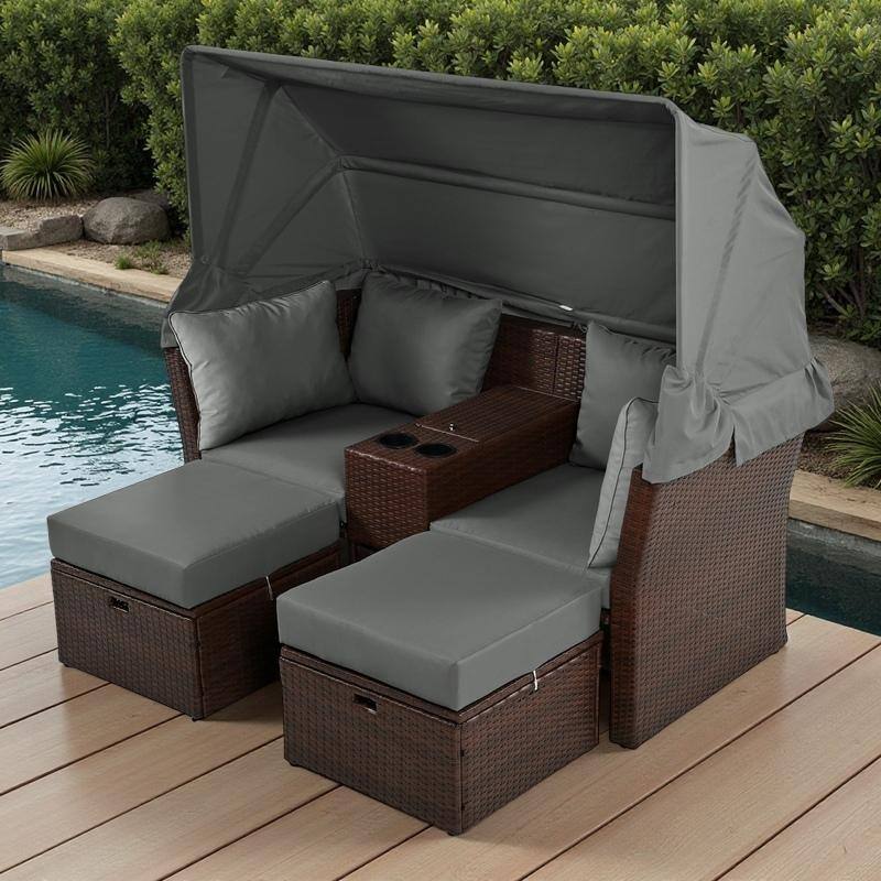 Convertible Outdoor Patio Daybed Loveseat Sofa Set with Retractable Canopy and Central Console - Grey