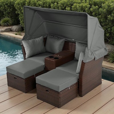 Convertible Outdoor Patio Daybed Loveseat Sofa Set with Retractable Canopy and Central Console