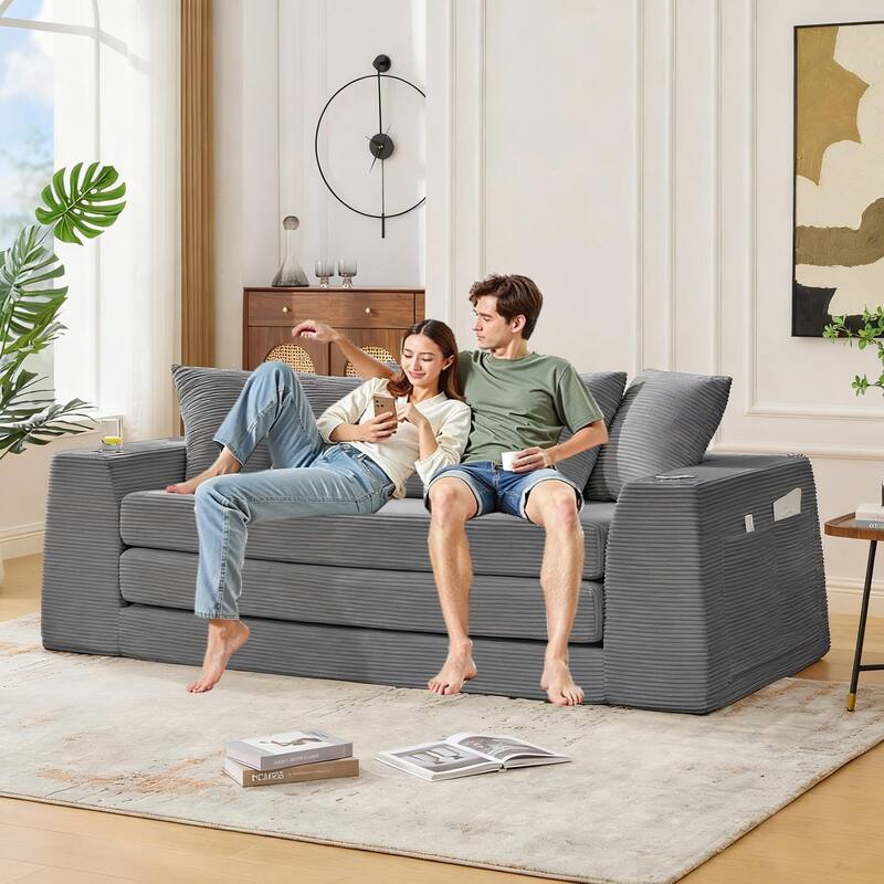 2 in 1 Convertible Sofa Bed, Sleeper Sofa with Storage Pockets, Pull Out Loveseat Couch with Two Cup Holders