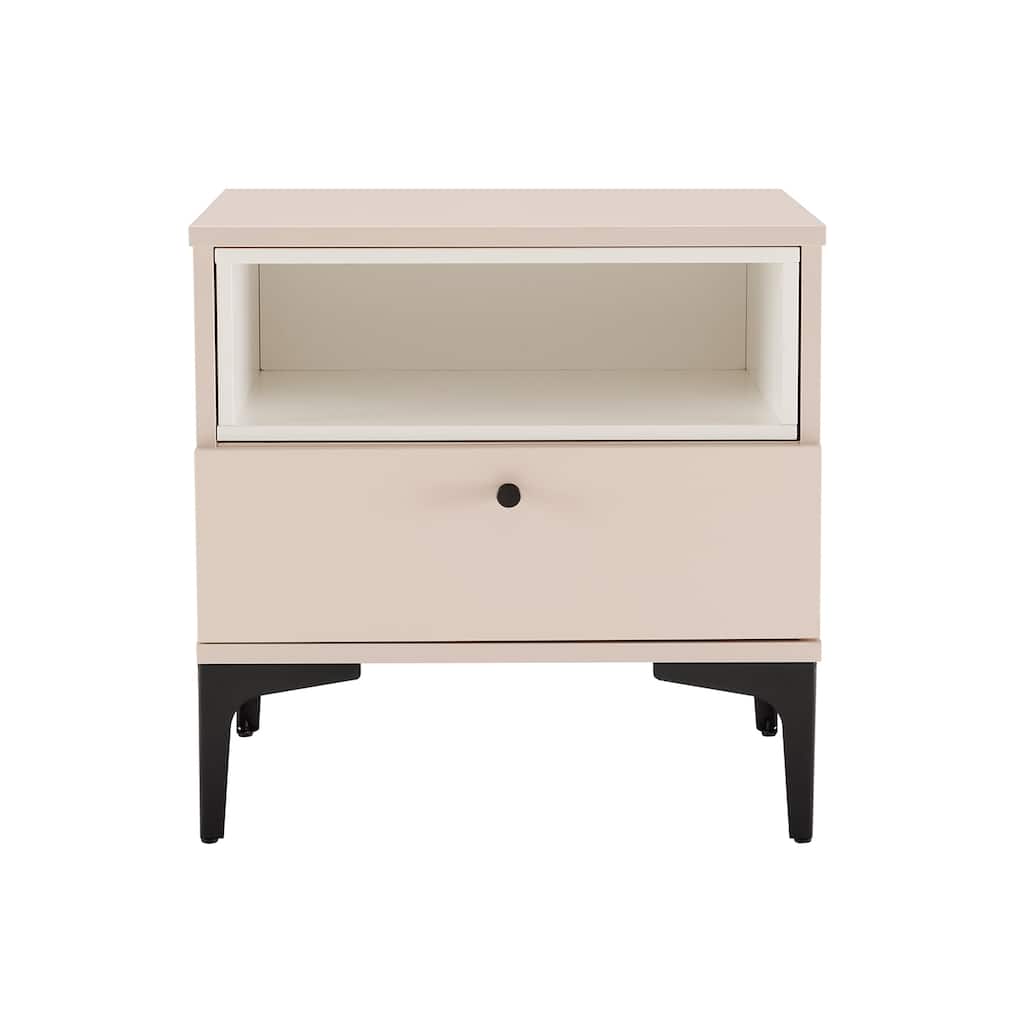 Modern Pale Rose and White Nightstand with Drawer and Open Shelf