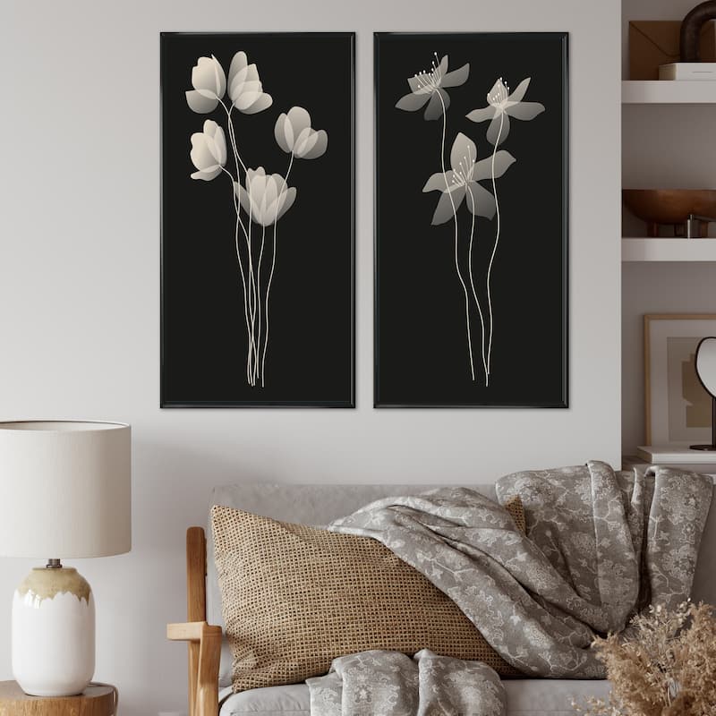 Designart "Monochrome Minimalist Organic Plant Structures I" Floral Framed Art Set of 2 Pieces
