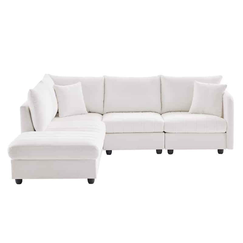 89x79x32" White 5-Seat Sectional Sofa with Ottoman, Stripes, 2 Pillows, L-Shape, Living Room