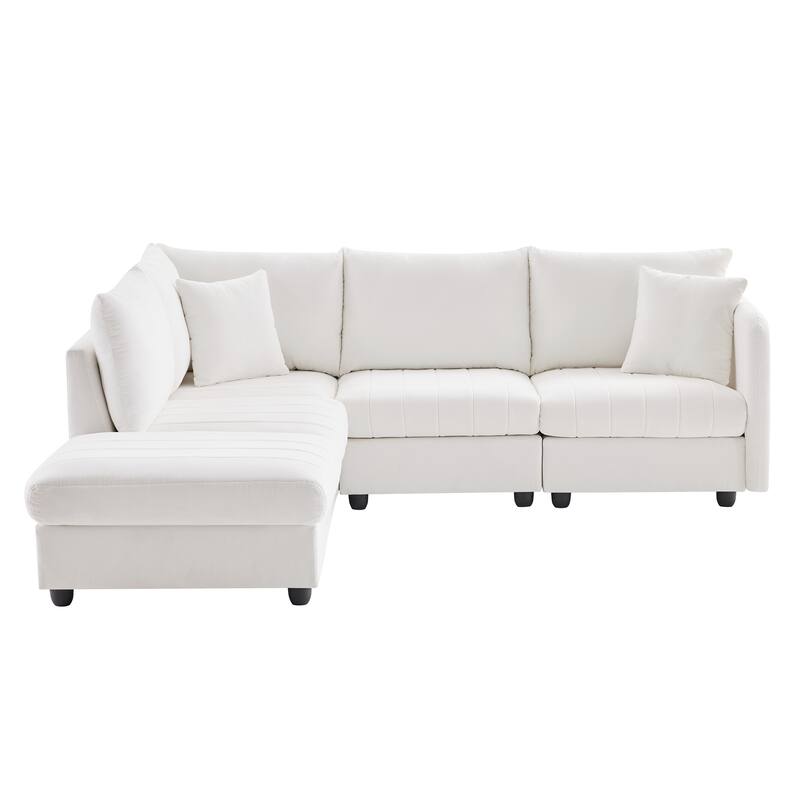 Modular L-Shaped Sectional Sofa with Movable Ottoman, 5 Seat Corner Couch with Throw Pillows, Comfy Cloud Upholstered Sofa