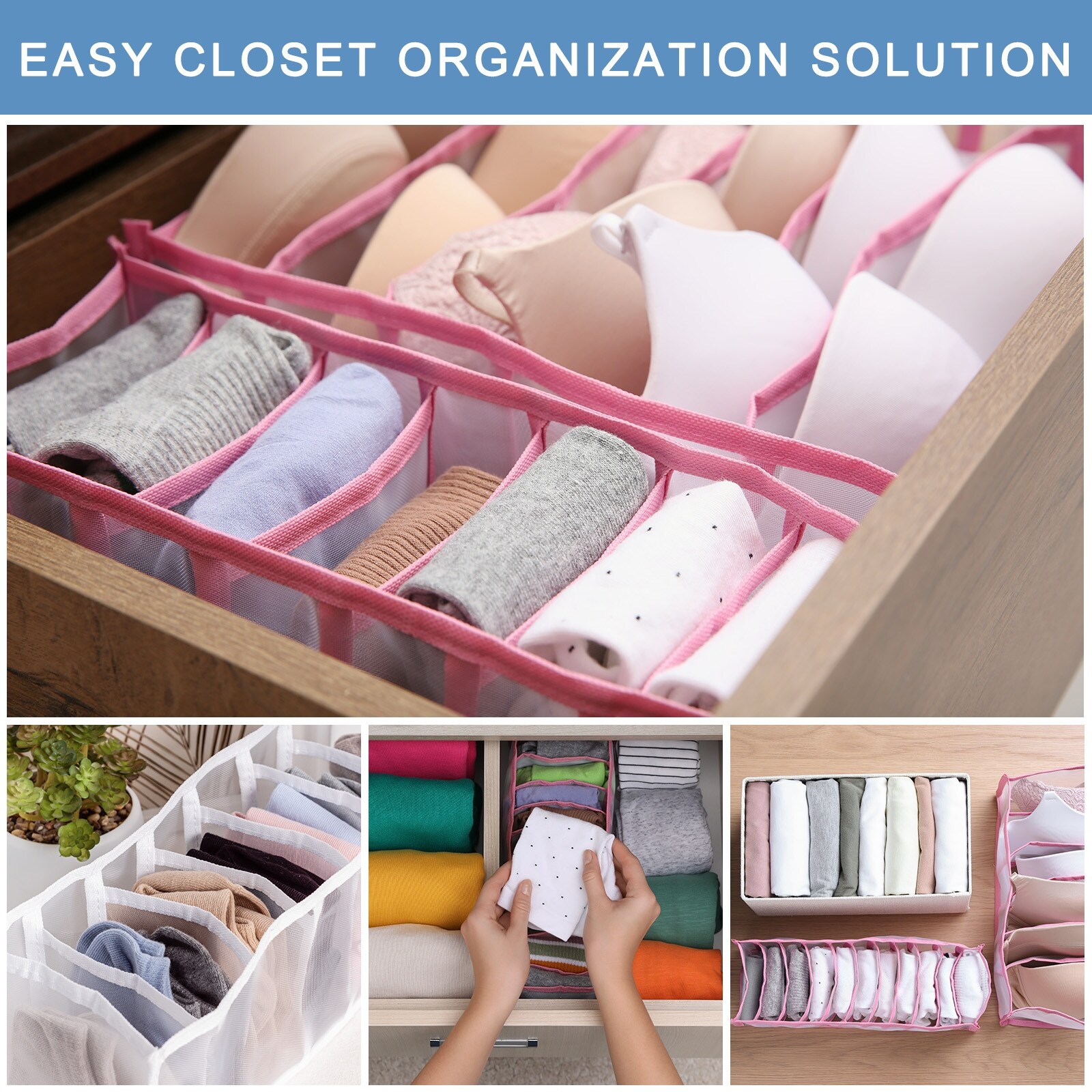 4 Pack Underwear Drawer Organizer, 7 Grids Foldable Closet