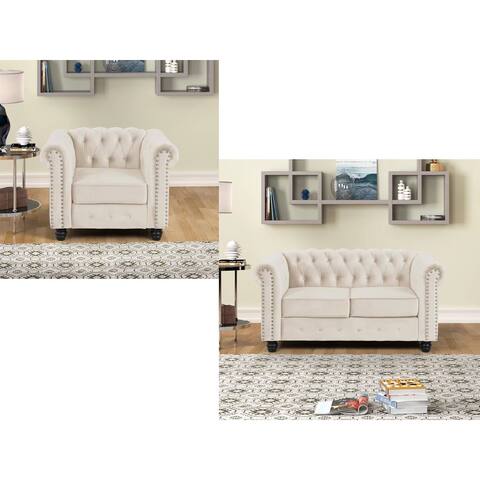 Morden Fort Classic Tufted Upholstered Chesterfield Chair, Loveseat 2 PCS for Living Room, Fabric, Velvet