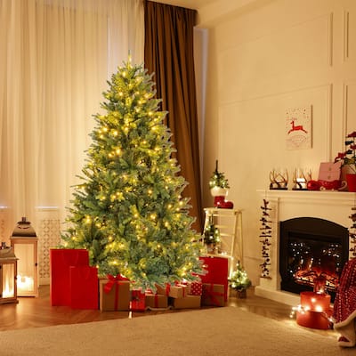 Gymax 5/6 FT Pre-Lit Artificial Christmas Tree Hinged Xmas Tree w/