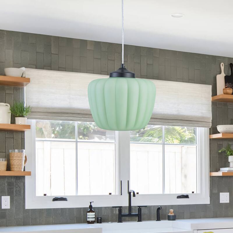 Modern 1-Light Green Lantern Glass Pendant Light for Kitchen Island, Dining Room