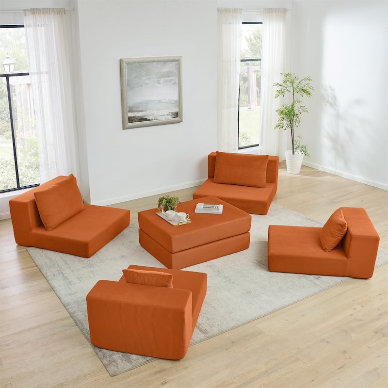 Folding Deep Seat Couch Modular L-shaped Sectional Sofa Corduroy Upholstered Sleeper Sofa Bed with Throw Pillows