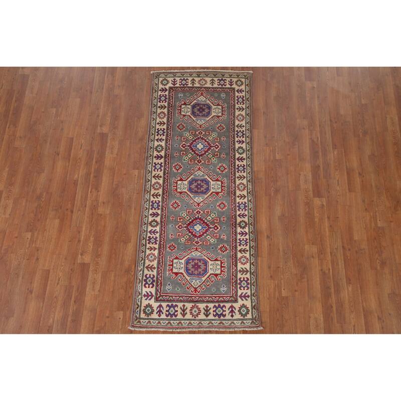 Hand Knotted Oriental 100% Wool Carpet Traditional Geometric Greys & Charcoal Kazak Runner Rug - 6' 7'' X 2' 7''