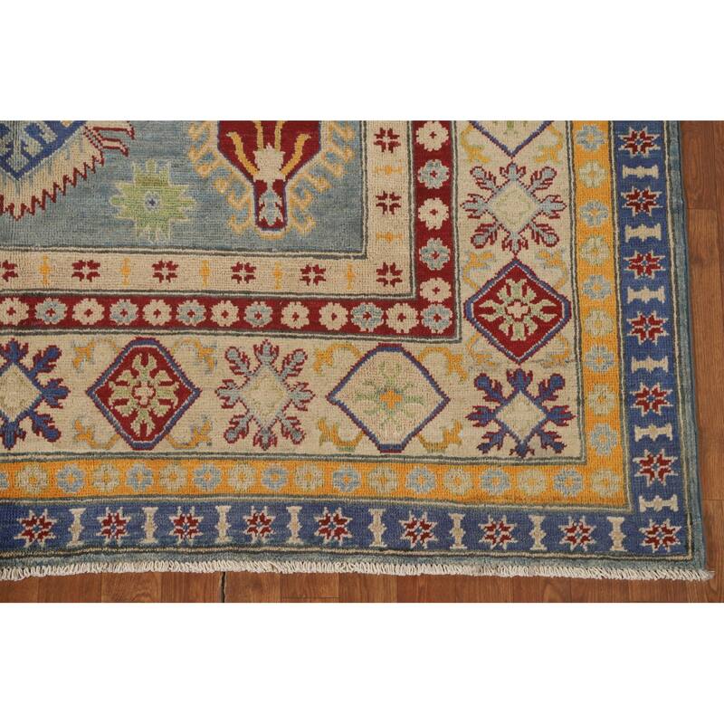 Geometric Kazak Area Rug Handmade Oriental Blue Wool Carpet - 6'7" x 9'10"
