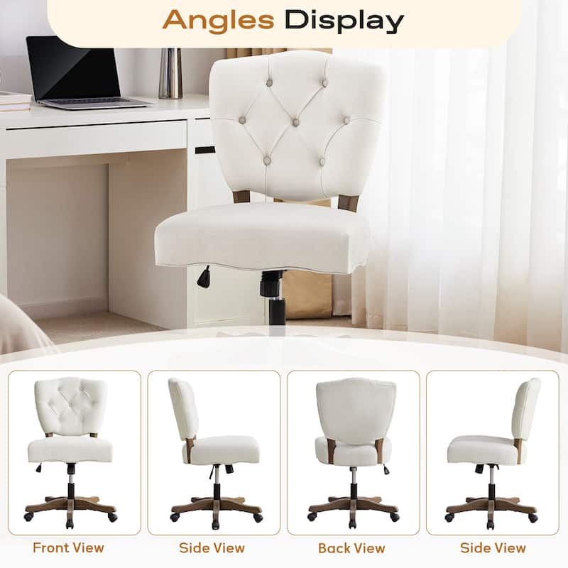 Home Computer Office Chair with Wheels Beige/ Cream/ Grey Adjustable Height, Linen Fabric Upholstered Chair Swivel