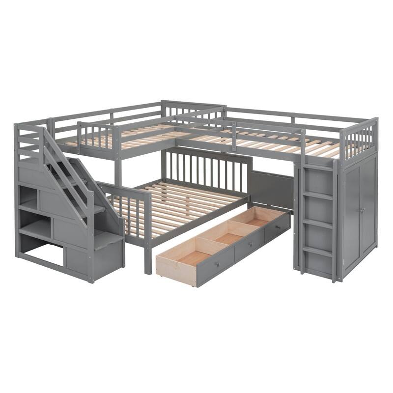 LShaped Triple Bunk Bed With 3 Drawers, Desk and Wardrobe, Grey On