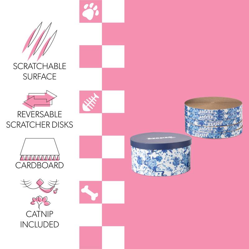 Kate 12" Modern Patterned Cardboard Reversible Cat Scratcher Pad In Box with Catnip, Blue/White (5-Pack)