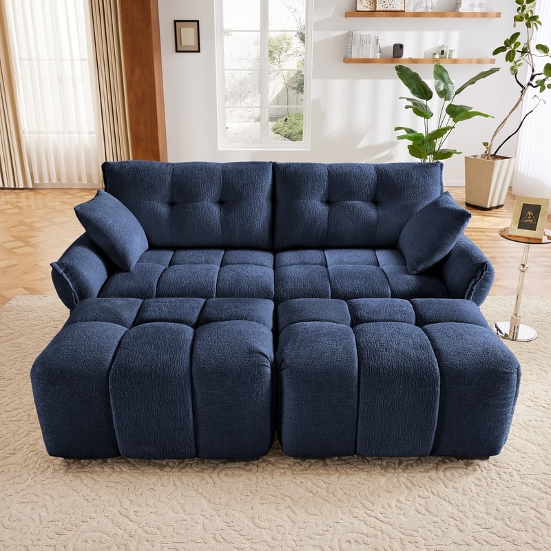 78.7" Chenille Two Seater Upholstered Sofa, 2 Ottoman - Blue