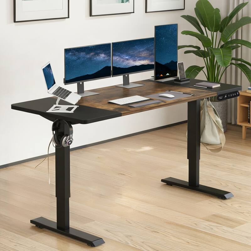L-Shaped 59" Height Adjustable Electric Standing Desk, Sit and Stand Up Computer Desk For Home Office rustic