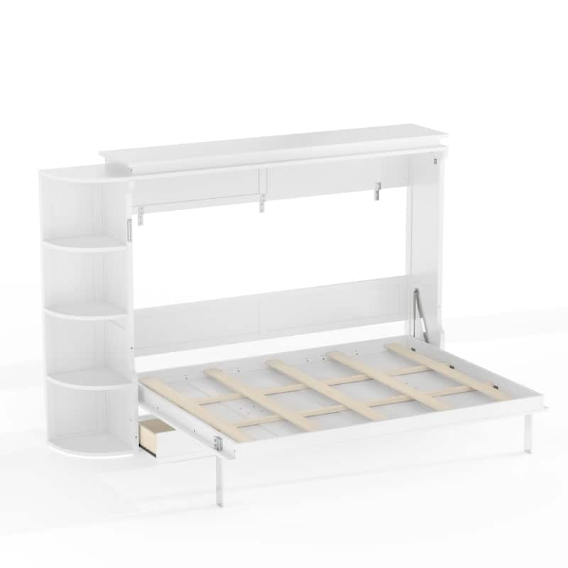 Murphy Platform Bed with Side Cabinets & Drawers, Wall Bed with Shelf for Home Office, Queen or Full
