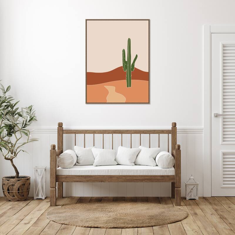 Cactus Against Earthy Brown And Beige Tones by Little Dean Framed Canvas Wall Art Print - Sylvie Beaded Gold
