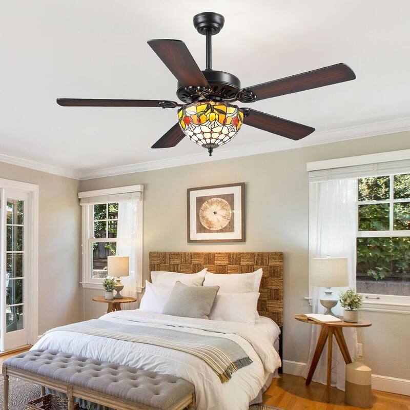 50" TiffanyTropical Ceiling Fan with 5 Palm Leaf Bllades and Vintage Cover Waterproof for Indoor and Outdoor Patio