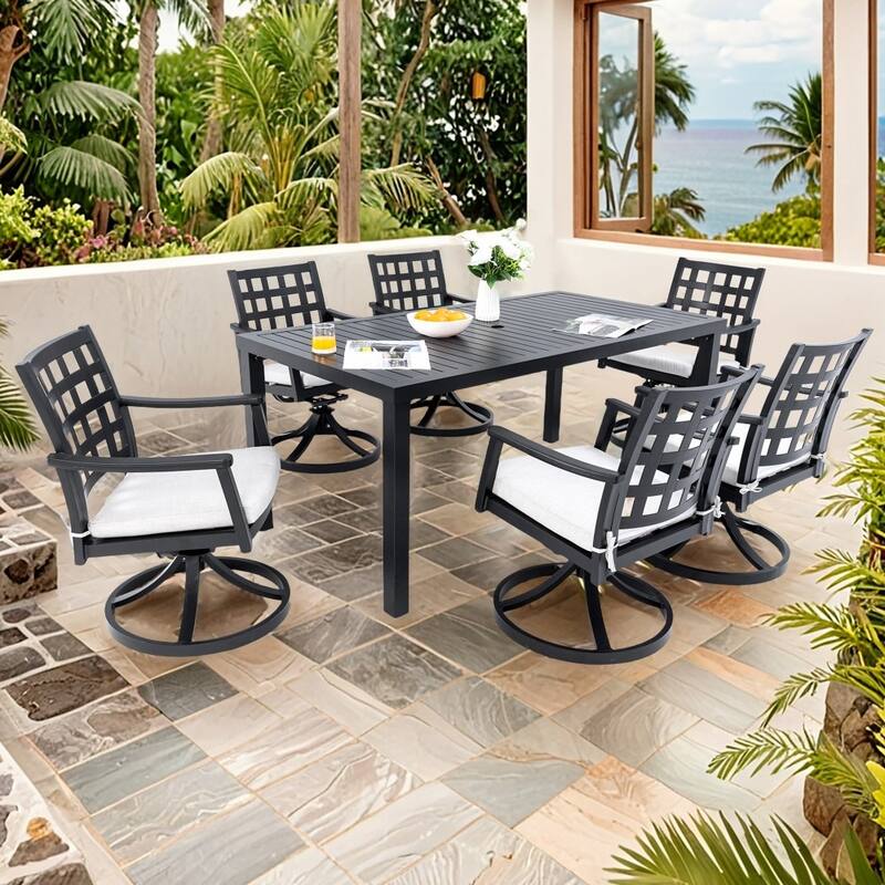 Modern 7-piece Outdoor Dining Set with Six Swivel Rock Dining Chairs - Black