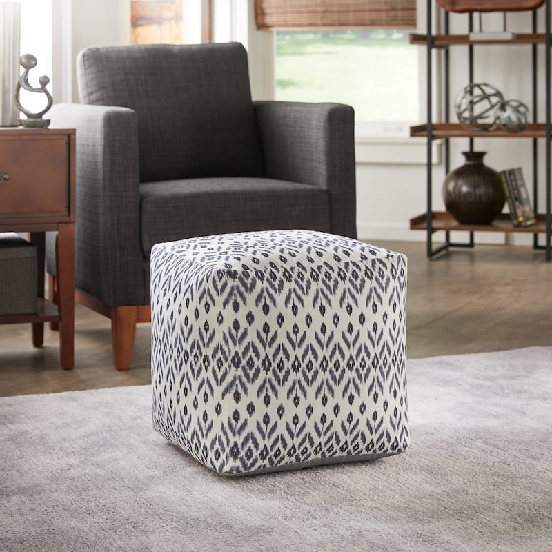 Brunico Upholstered Square Pouf Ottoman by iNSPIRE Q Bold - Ivory & Blue Abstract Diamond Pattern Fabric
