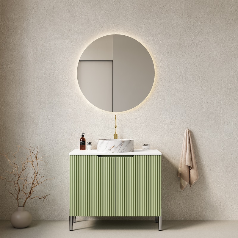 30"Bathroom Vanity with Sink, Freestanding Bathroom Storage Cabinet with 2 Doors, Round Ceramic Basin Top, No Faucet - Light Green+White